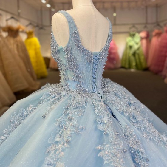 Real Picture Blue Quinceanera Dresses Appliques Beaded Tiered Sweet 16 Princess Prom Party Dress Vestido 15 14 Anos