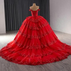 Red Sequins Beading Cake Evening Dress Off Shoulder Lace Evening Party Gowns Sweep Train Customize