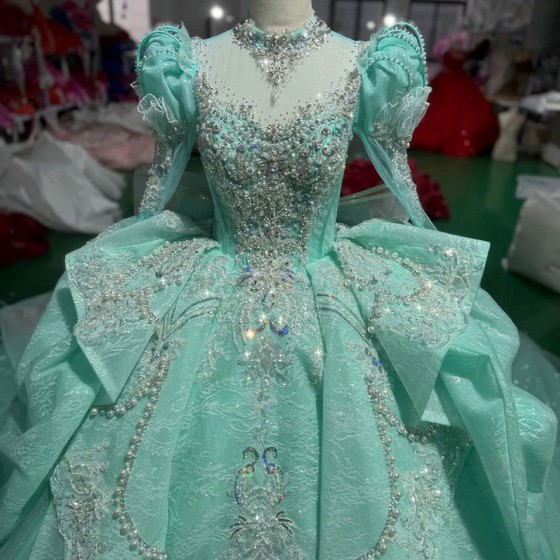 Romantic High Neck Green Shiny Quinceanera Dress Party Gown Customized Lace Ball Gown Beads Crystal Long Sleeves For 16 Year