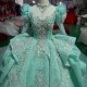 Romantic High Neck Green Shiny Quinceanera Dress Party Gown Customized Lace Ball Gown Beads Crystal Long Sleeves For 16 Year