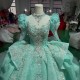 Romantic High Neck Green Shiny Quinceanera Dress Party Gown Customized Lace Ball Gown Beads Crystal Long Sleeves For 16 Year