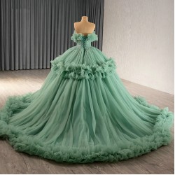 Royal Green Sweet 16 Promotion Quinceanera Dress Ball Gown Trumpet Short Sleeves Shiny Mexico Vestidos De 15