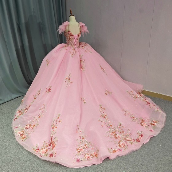 Rushed Romantic Pink Quinceanera Dress V-neck Appliques Organza Pattern Spaghetti Straps Floor Robe Soiree