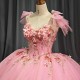 Rushed Romantic Pink Quinceanera Dress V-neck Appliques Organza Pattern Spaghetti Straps Floor Robe Soiree