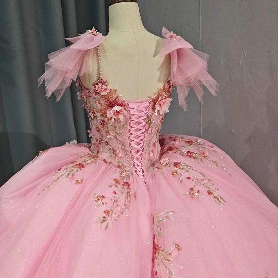 Rushed Romantic Pink Quinceanera Dress V-neck Appliques Organza Pattern Spaghetti Straps Floor Robe Soiree