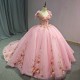 Rushed Romantic Pink Quinceanera Dress V-neck Appliques Organza Pattern Spaghetti Straps Floor Robe Soiree