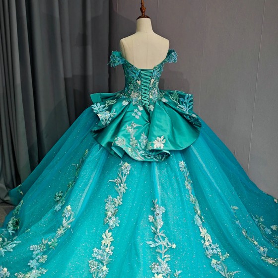 Sequin Quinceanera Dresses with Flower Appliques Off-the-shoulder for 15 Anos Princess Customized Ball Gown