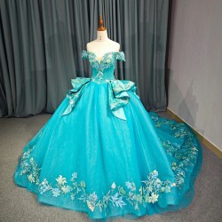 Sequin Quinceanera Dresses with Flower Appliques Off-the-shoulder for 15 Anos Princess Customized Ball Gown