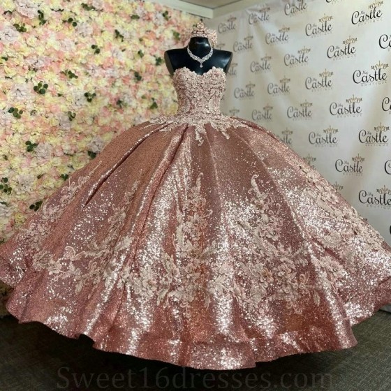 Sequine Rose Gold Quinceanera Dresses Birthday Party Elegant Appliques Crystal Shiny Tulle Evening Prom Dresses