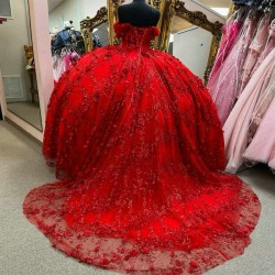 Sequins Red Ball Gown Quinceanera Dress Tulle Appliques Flowers Lace Beads Off Shoulder Sweet 15 16 Birthday Party Formal