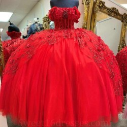 Sequins Red Ball Gown Quinceanera Dress Tulle Appliques Flowers Lace Beads Off Shoulder Sweet 15 16 Birthday Party Formal