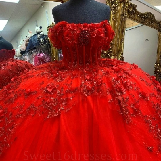 Sequins Red Ball Gown Quinceanera Dress Tulle Appliques Flowers Lace Beads Off Shoulder Sweet 15 16 Birthday Party Formal