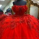 Sequins Red Ball Gown Quinceanera Dress Tulle Appliques Flowers Lace Beads Off Shoulder Sweet 15 16 Birthday Party Formal