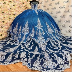 Sexy Spaghetti Strap Navy Blue Beaded Quinceanera Dresses Cathedral Train Princess Corset Appliques Lace Vestidos De 15 Anos