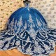 Sexy Spaghetti Strap Navy Blue Beaded Quinceanera Dresses Cathedral Train Princess Corset Appliques Lace Vestidos De 15 Anos