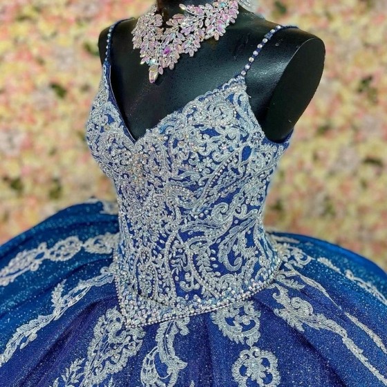 Sexy Spaghetti Strap Navy Blue Beaded Quinceanera Dresses Cathedral Train Princess Corset Appliques Lace Vestidos De 15 Anos