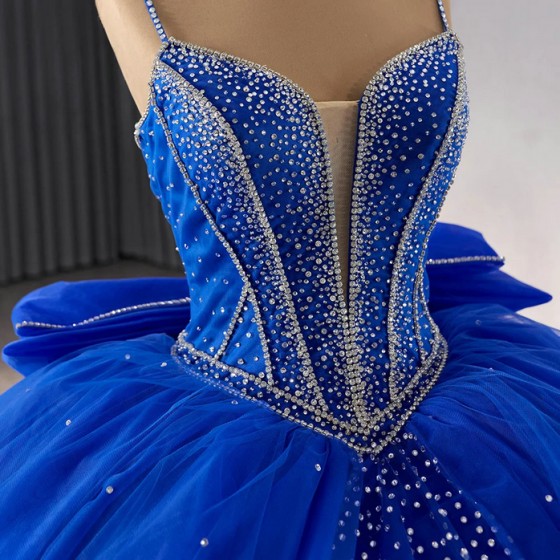 Shiny Bule Quinceanera Dress Ball Gown Spaghetti Straps Beaded Crystal V-neck Mexican Corset Sweet 16 Vestidos De 15 Anos