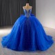 Shiny Bule Quinceanera Dress Ball Gown Spaghetti Straps Beaded Crystal V-neck Mexican Corset Sweet 16 Vestidos De 15 Anos