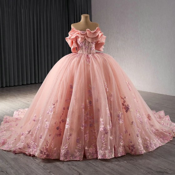 Shiny Pink Off Shoulder Ball Gown Quinceanera Dresses Beads Appliques Princess For Sweet 15 Birthday vestido 15 anos quinceanera