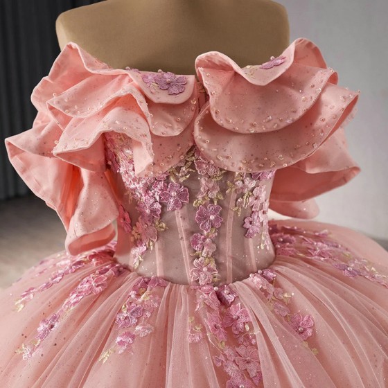 Shiny Pink Off Shoulder Ball Gown Quinceanera Dresses Beads Appliques Princess For Sweet 15 Birthday vestido 15 anos quinceanera