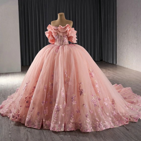 Shiny Pink Off Shoulder Ball Gown Quinceanera Dresses Beads Appliques Princess For Sweet 15 Birthday vestido 15 anos quinceanera