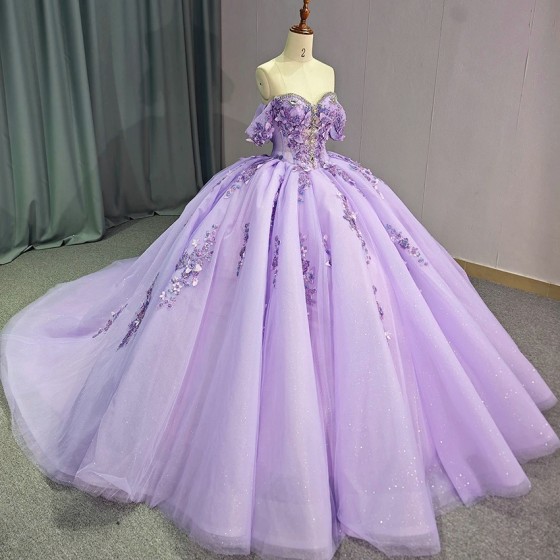 Shiny Scoop Shiny Quinceanera Dress Party Gown Purple Princess Lace Appliques Beads Crystal Off The Shoulder For 16 Year