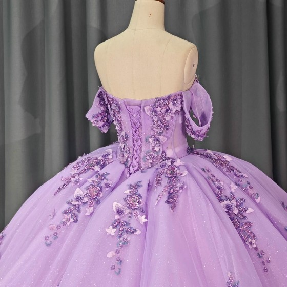 Shiny Scoop Shiny Quinceanera Dress Party Gown Purple Princess Lace Appliques Beads Crystal Off The Shoulder For 16 Year