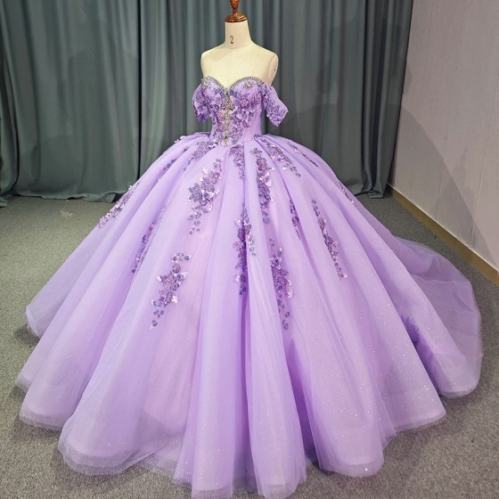 Shiny Scoop Shiny Quinceanera Dress Party Gown Purple Princess Lace Appliques Beads Crystal Off The Shoulder For 16 Year