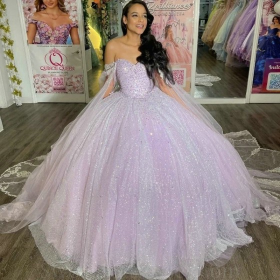 Shiny Lavender Ball Gown Quinceanera Dress Corset Lace Appliques Beading Sequins With Cape Sweet 16 Dress Vestidos De XV Anos