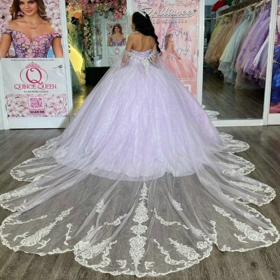 Shiny Lavender Ball Gown Quinceanera Dress Corset Lace Appliques Beading Sequins With Cape Sweet 16 Dress Vestidos De XV Anos