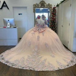 Shiny Pink Quinceanera Dress Lace Applique Sequins Beading Flower Mexican Off the Shoulder Sweet 16 Vestidos De XV 15 Anos