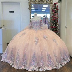 Shiny Pink Quinceanera Dress Lace Applique Sequins Beading Flower Mexican Off the Shoulder Sweet 16 Vestidos De XV 15 Anos