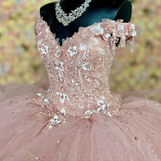 Shiny Pink Quinceanera Dresses Cathedral Train Princess Corset Appliques Lace Beads Off the Shoulder Vestidos De 15 Anos