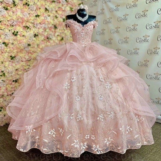 Shiny Pink Quinceanera Dresses Cathedral Train Princess Corset Appliques Lace Beads Off the Shoulder Vestidos De 15 Anos