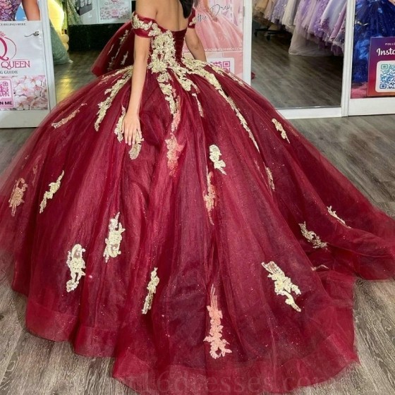 Shiny Red Quinceanera Dress Gold Lace Applique Sequins Beading Off the Shoulder Mexican Sweet 16 Vestidos De XV 15 Anos