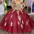 Shiny Red Quinceanera Dress Gold Lace Applique Sequins Beading Off the Shoulder Mexican Sweet 16 Vestidos De XV 15 Anos