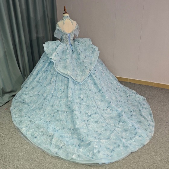 Sky Blue Ball Gown Quinceanera Dresses Party Ruffles High Neck 16 Birthday Princess Gowns vestidos de quinceanera