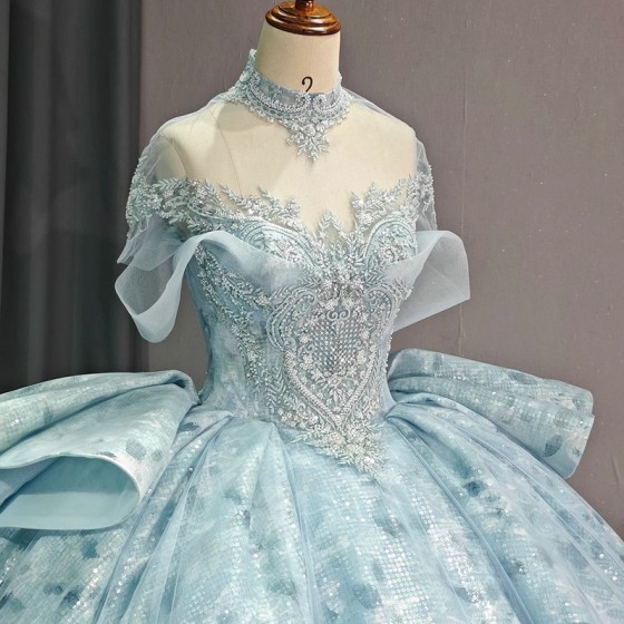 Sky Blue Ball Gown Quinceanera Dresses Party Ruffles High Neck 16 Birthday Princess Gowns vestidos de quinceanera