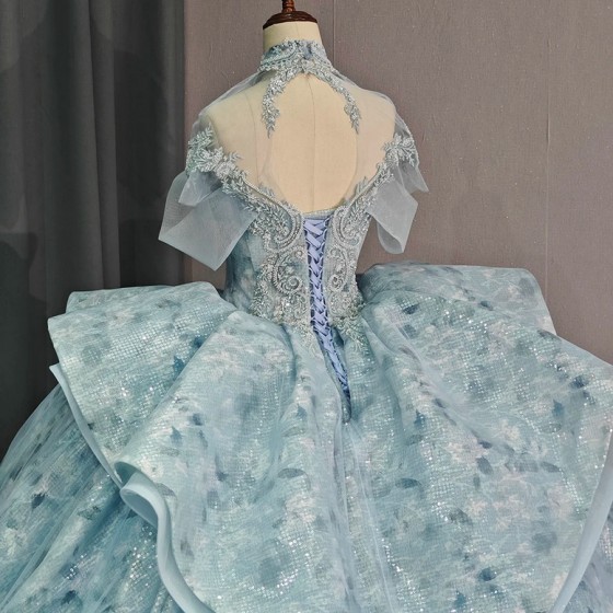 Sky Blue Ball Gown Quinceanera Dresses Party Ruffles High Neck 16 Birthday Princess Gowns vestidos de quinceanera