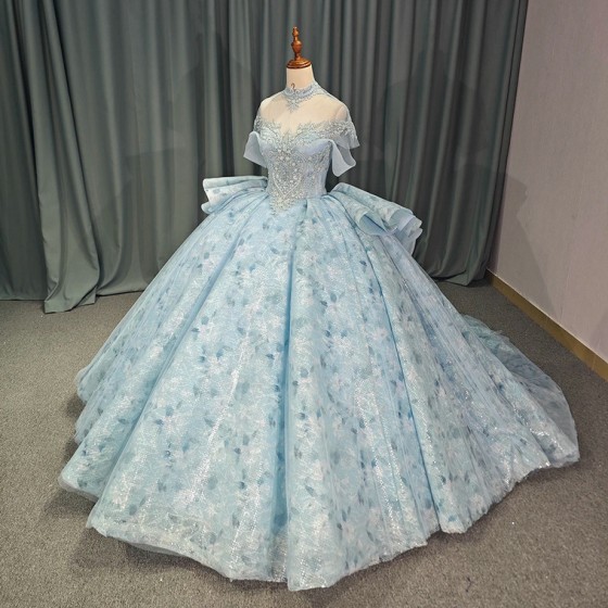 Sky Blue Ball Gown Quinceanera Dresses Party Ruffles High Neck 16 Birthday Princess Gowns vestidos de quinceanera