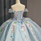 Sky Blue Gold Charro Quinceanera Dresses Ball Gown Sweetheart Sparkly Beaded Bow Mexican vestidos de 15 quinceanera