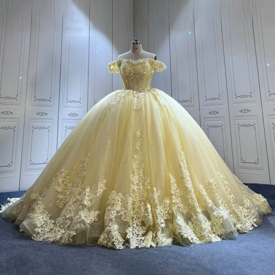 Sleeveless Yellow Quinceanera Dress Sweet 15 Evening Dress Crystal Ball Gown Off Shoulder Beading Vestido De Quinceanera