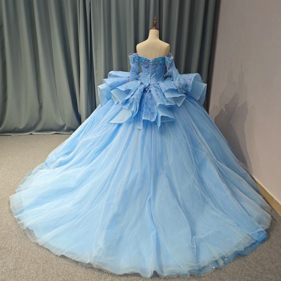 Sparkly Bule Quinceanera Dress Ball Gown Beading Tulle Corset Sweet 16 Vestido De 15 Anos Long Sleeves vestido de 15 quinceanera