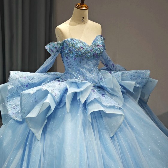 Sparkly Bule Quinceanera Dress Ball Gown Beading Tulle Corset Sweet 16 Vestido De 15 Anos Long Sleeves vestido de 15 quinceanera