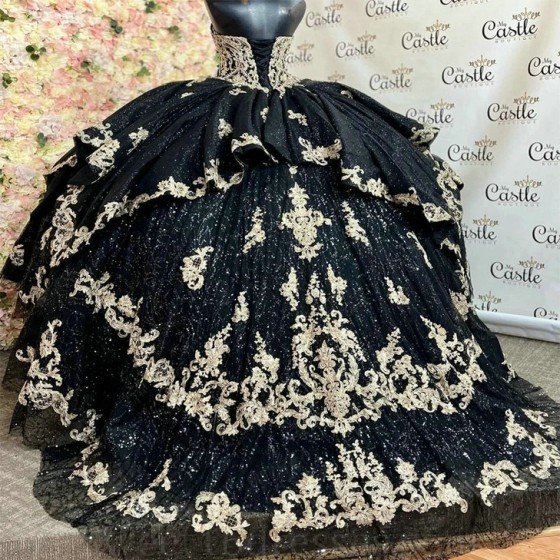 Sparkly Black Off The Shoulder Ball Gown Quinceanera Dress Applique Beaded Birthday Prom Dresses For Girl Lace Up Back