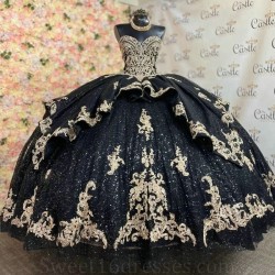 Sparkly Black Off The Shoulder Ball Gown Quinceanera Dress Applique Beaded Birthday Prom Dresses For Girl Lace Up Back