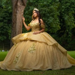 Sparkly Gold Quinceanera Dress 2024 Ball Gown Off The Shoulder Corset Flower Pageant Sweet 15 Party Vestidos De XV Anos