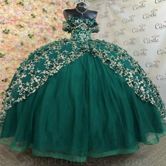 Sparkly Princess Green Off Shoulder Quinceanera Dresses Sweetheart Gold Lace Applique Sweet 16 Ball Gown Vestidos De 15 Anos