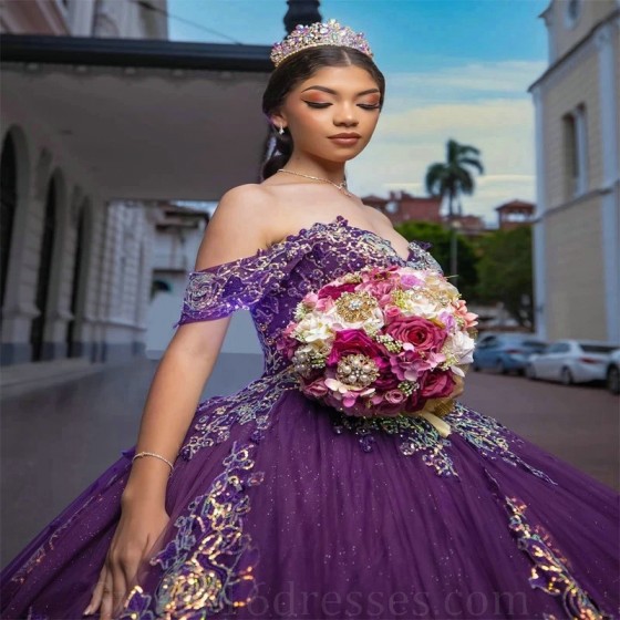 Sparkly Purple Ball Gown Quinceanera Dress 2024 Sweetheart Applique Lace Bead Birthday Party Sweet 16 Vestidos De 15 Anos