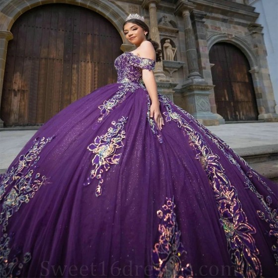 Sparkly Purple Ball Gown Quinceanera Dress 2024 Sweetheart Applique Lace Bead Birthday Party Sweet 16 Vestidos De 15 Anos